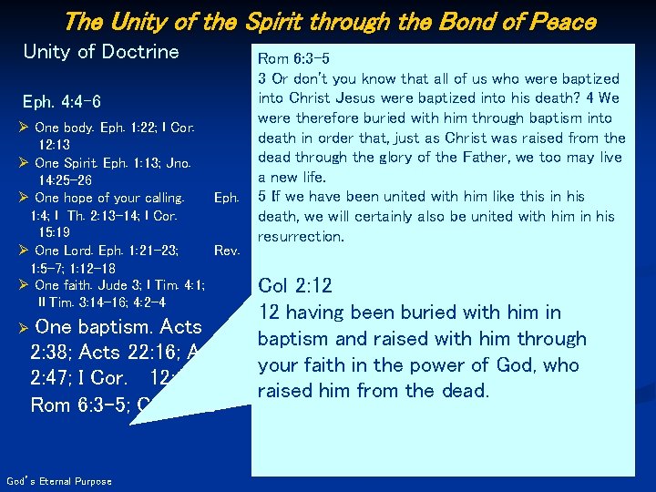 The Unity of the Spirit through the Bond of Peace Unity of Doctrine Eph.