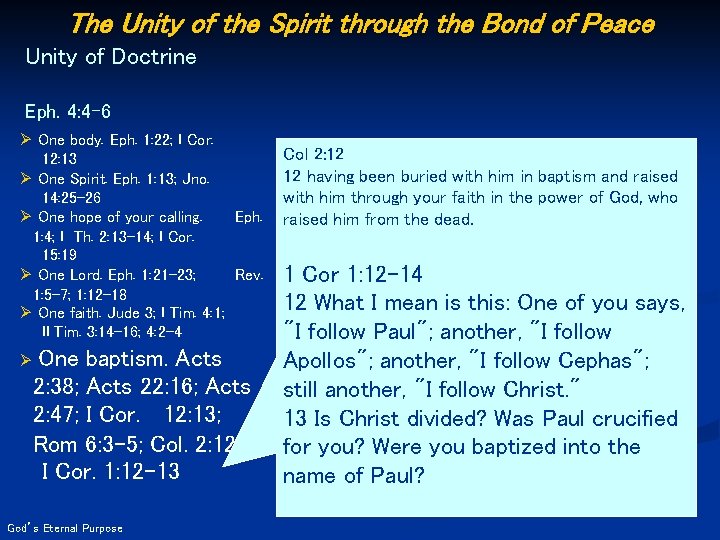 The Unity of the Spirit through the Bond of Peace Unity of Doctrine Eph.