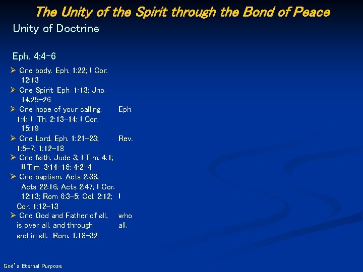 The Unity of the Spirit through the Bond of Peace Unity of Doctrine Eph.