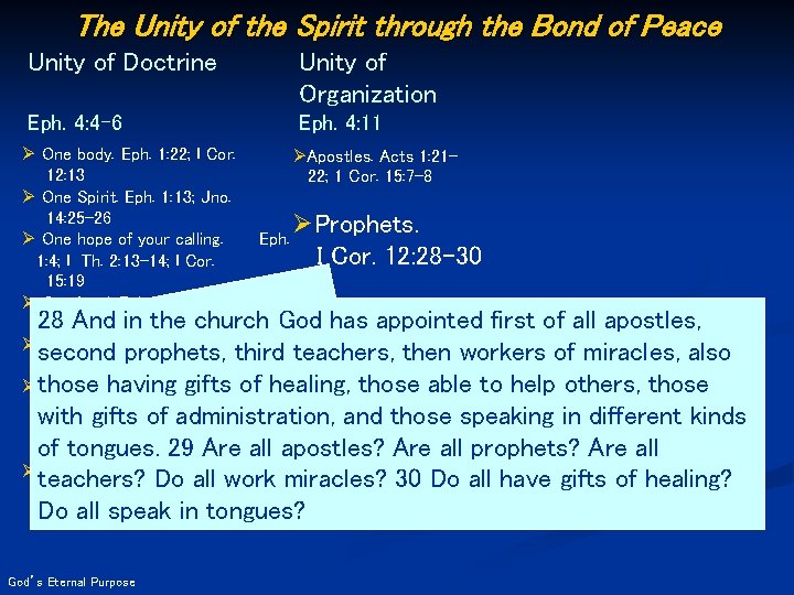 The Unity of the Spirit through the Bond of Peace Unity of Doctrine Unity