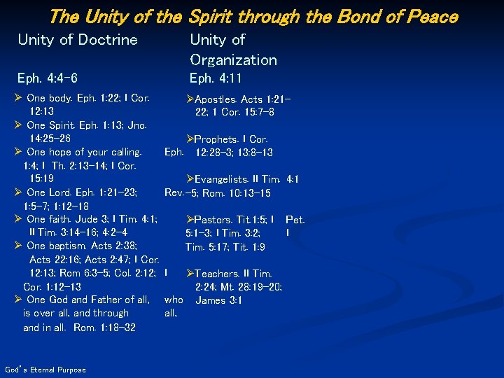 The Unity of the Spirit through the Bond of Peace Unity of Doctrine Unity