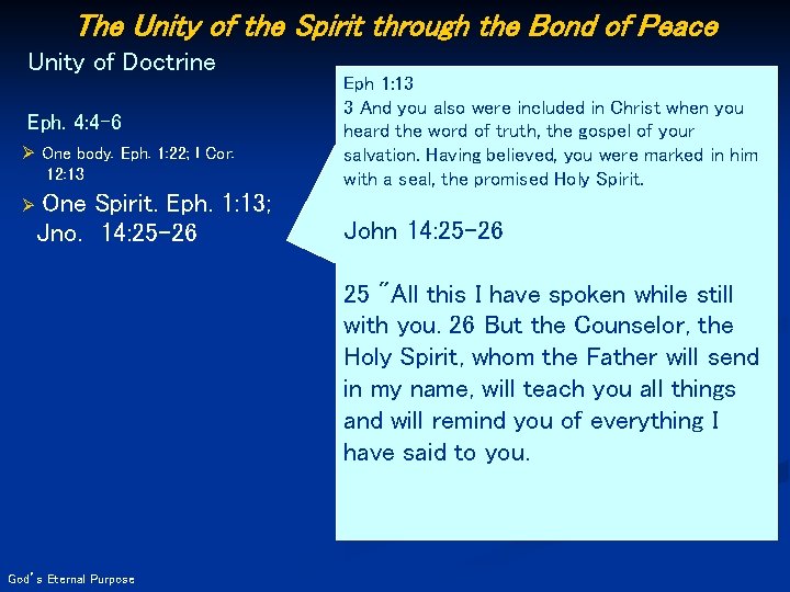 The Unity of the Spirit through the Bond of Peace Unity of Doctrine Eph.