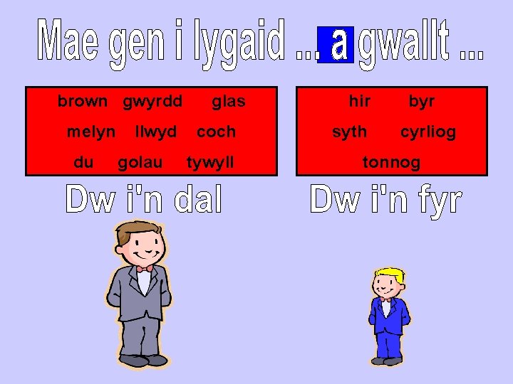 brown gwyrdd melyn du llwyd golau glas coch tywyll hir syth byr cyrliog tonnog