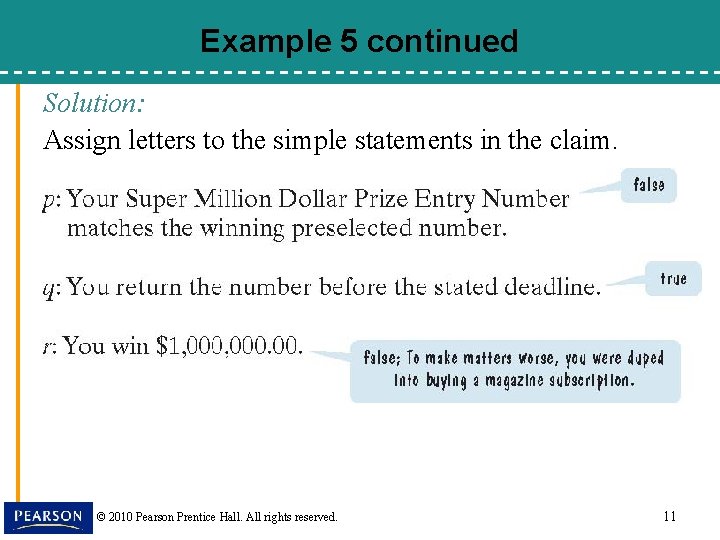 Example 5 continued Solution: Assign letters to the simple statements in the claim. ©