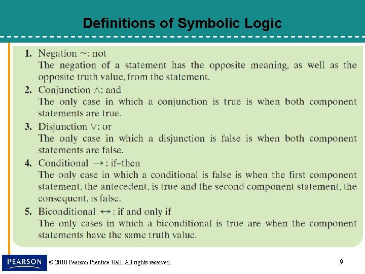 Definitions of Symbolic Logic © 2010 Pearson Prentice Hall. All rights reserved. 9 