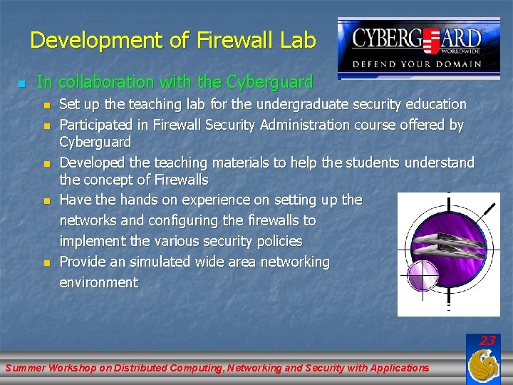 Development of Firewall Lab n In collaboration with the Cyberguard n n n Set