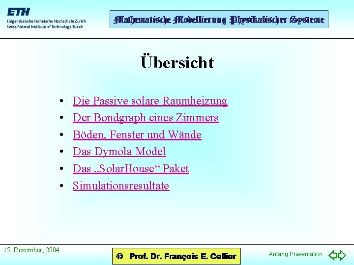 Übersicht • • • 15. Dezember, 2004 Die Passive solare Raumheizung Der Bondgraph eines