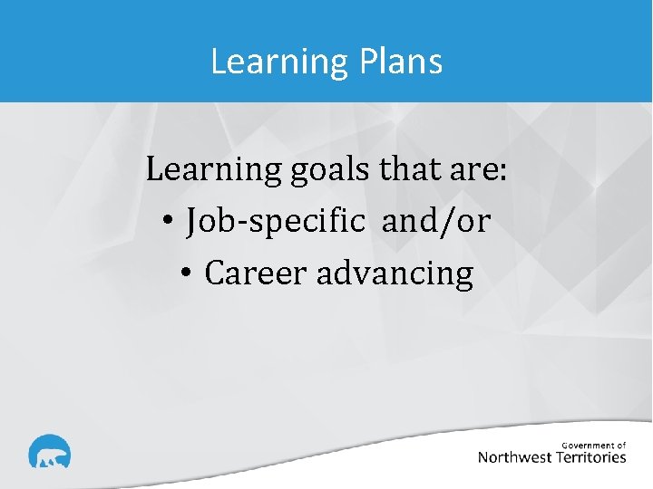 Learning Plans Learning goals that are: • Job-specific and/or • Career advancing 
