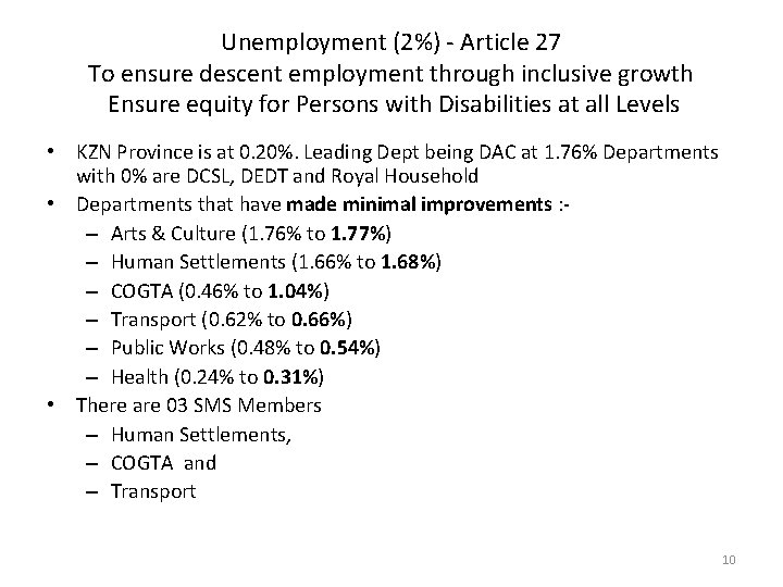 Unemployment (2%) - Article 27 To ensure descent employment through inclusive growth Ensure equity