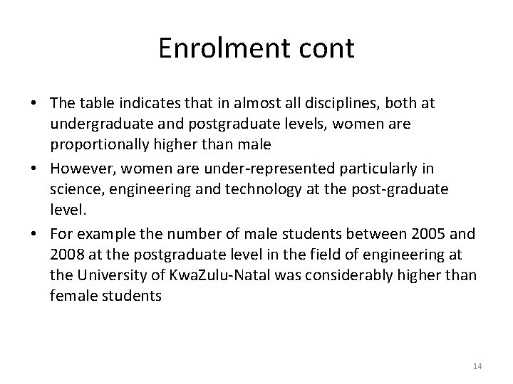 Enrolment cont • The table indicates that in almost all disciplines, both at undergraduate