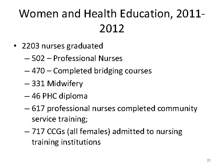 Women and Health Education, 20112012 • 2203 nurses graduated – 502 – Professional Nurses