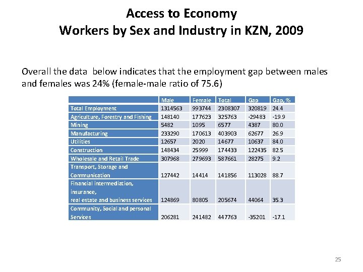 Access to Economy Workers by Sex and Industry in KZN, 2009 Overall the data