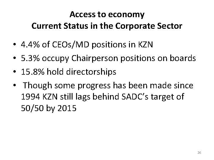 Access to economy Current Status in the Corporate Sector • • 4. 4% of