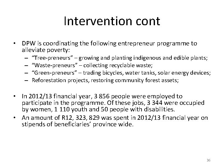 Intervention cont • DPW is coordinating the following entrepreneur programme to alleviate poverty: –