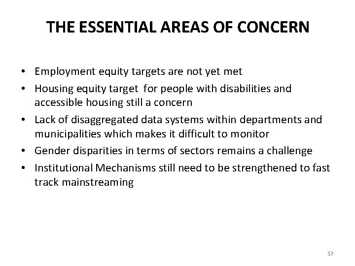THE ESSENTIAL AREAS OF CONCERN • Employment equity targets are not yet met •
