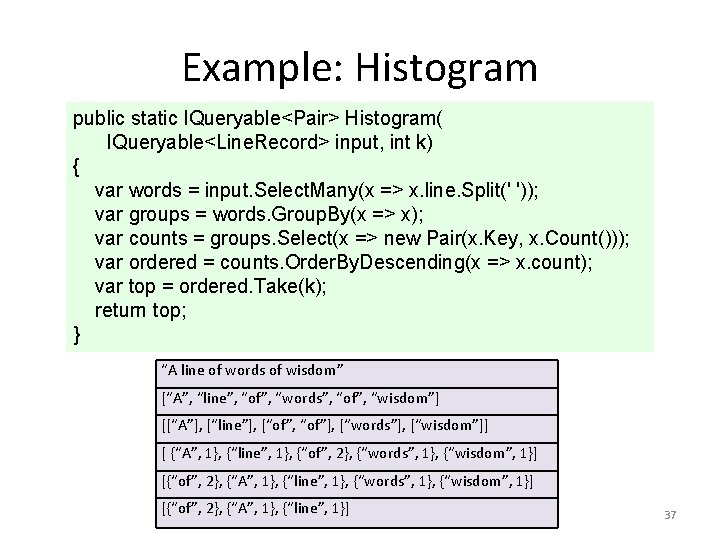 Example: Histogram public static IQueryable<Pair> Histogram( IQueryable<Line. Record> input, int k) { var words
