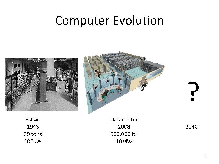 Computer Evolution ? ENIAC 1943 30 tons 200 k. W Datacenter 2008 500, 000