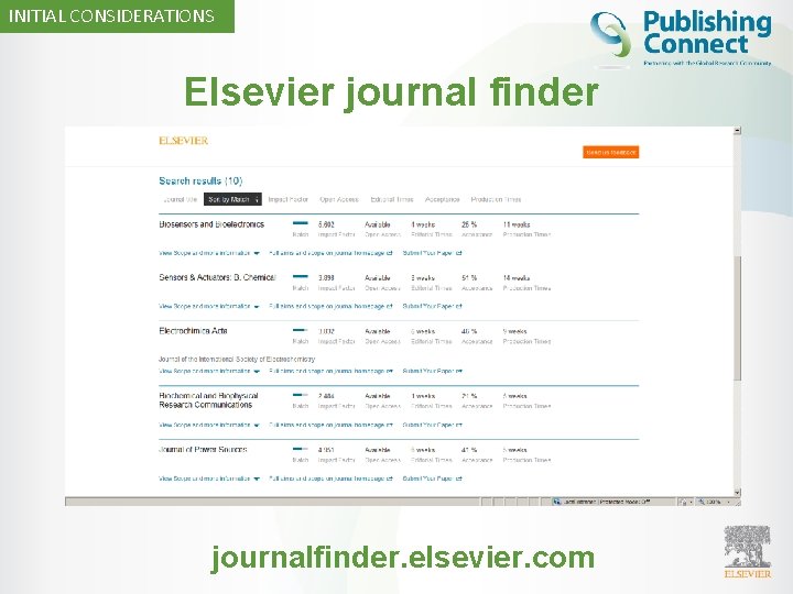 INITIAL CONSIDERATIONS Elsevier journal finder journalfinder. elsevier. com 