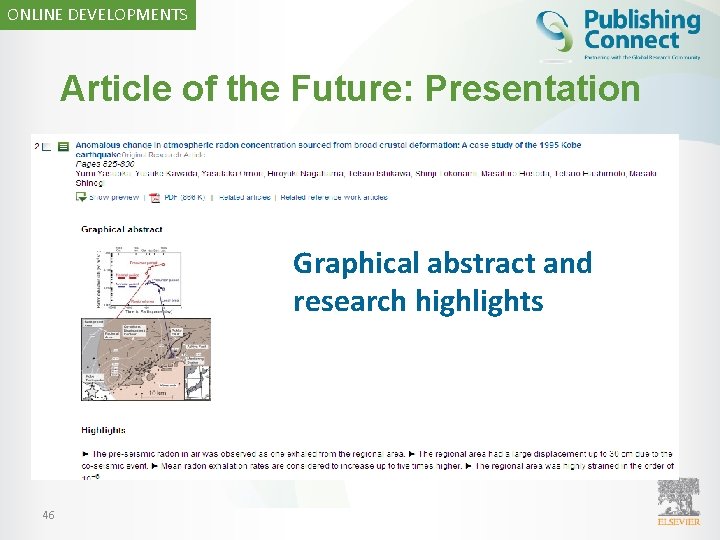 ONLINE DEVELOPMENTS Article of the Future: Presentation Graphical abstract and research highlights 46 