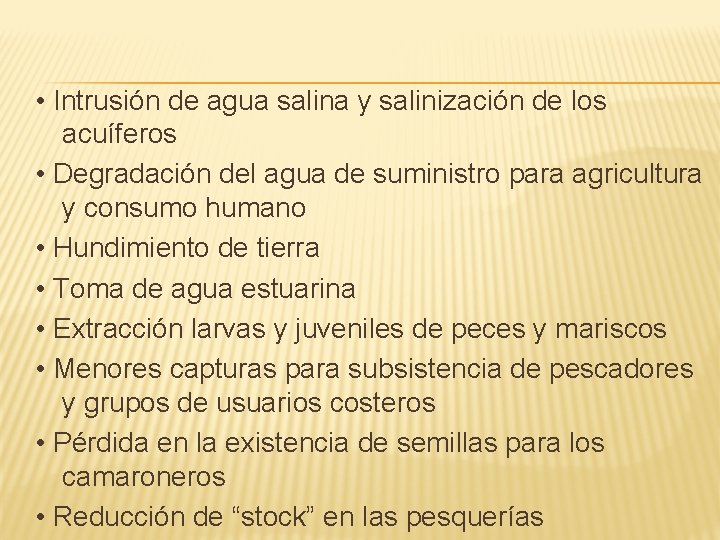  • Intrusión de agua salina y salinización de los acuíferos • Degradación del