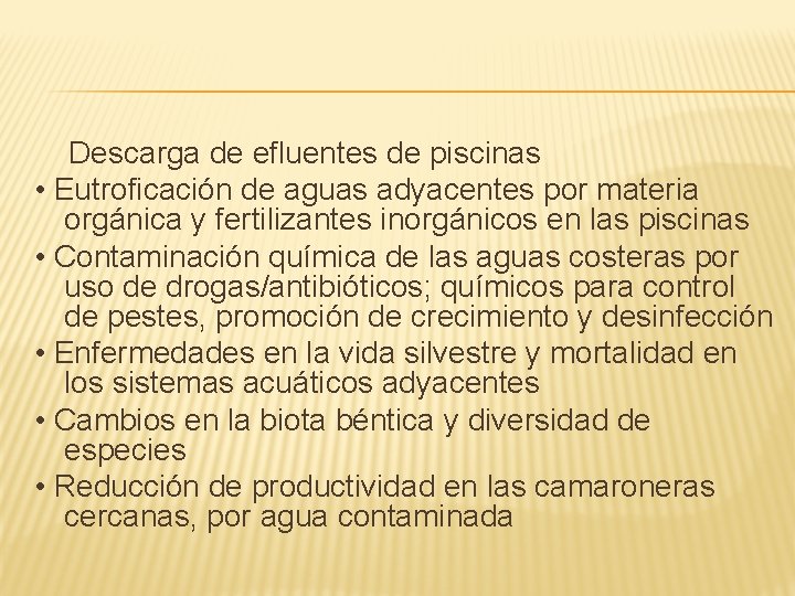 Descarga de efluentes de piscinas • Eutroficación de aguas adyacentes por materia orgánica y