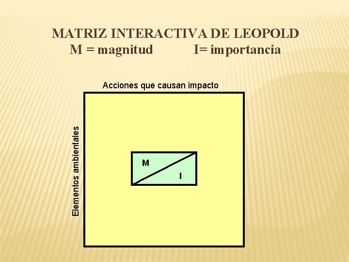 MATRIZ INTERACTIVA DE LEOPOLD M = magnitud I= importancia Elementos ambientales Acciones que causan