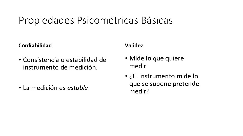 Propiedades Psicométricas Básicas Confiabilidad Validez • Consistencia o estabilidad del instrumento de medición. •