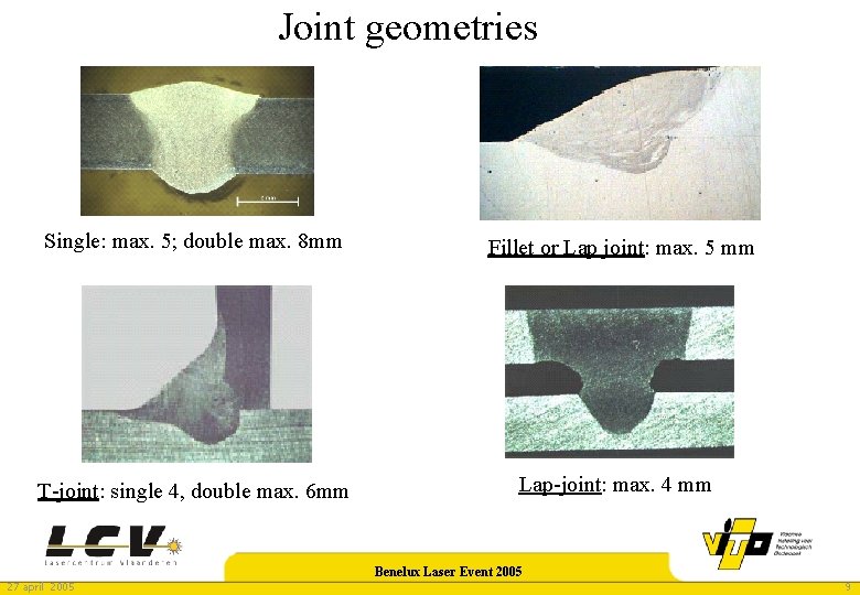 Joint geometries Single: max. 5; double max. 8 mm Fillet or Lap joint: max.