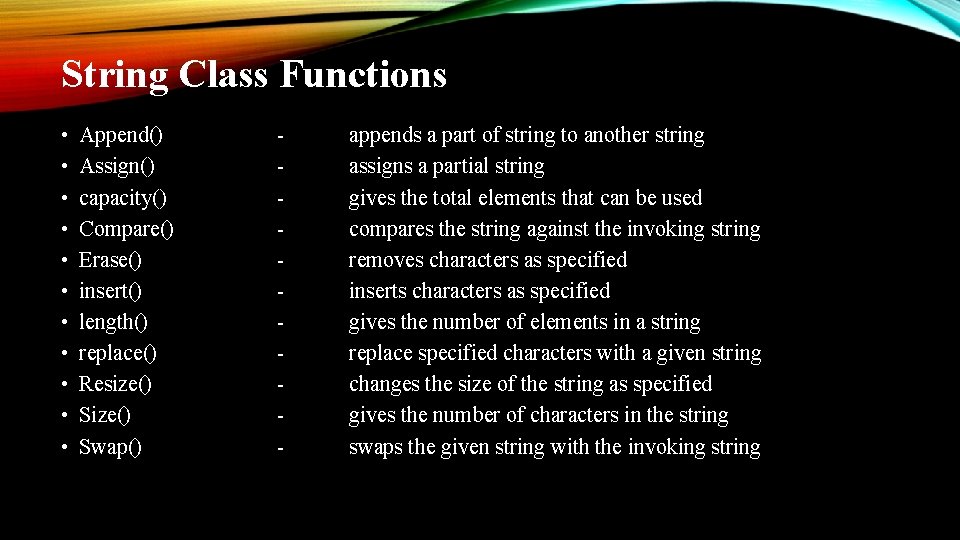 String Class Functions • • • Append() Assign() capacity() Compare() Erase() insert() length() replace() String Class Functions • • • Append() Assign() capacity() Compare() Erase() insert() length() replace()