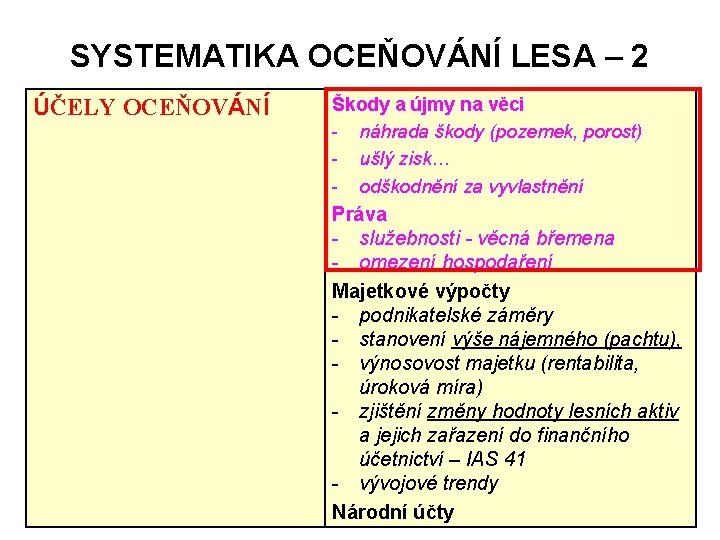 SYSTEMATIKA OCEŇOVÁNÍ LESA – 2 ÚČELY OCEŇOVÁNÍ Škody a újmy na věci - náhrada