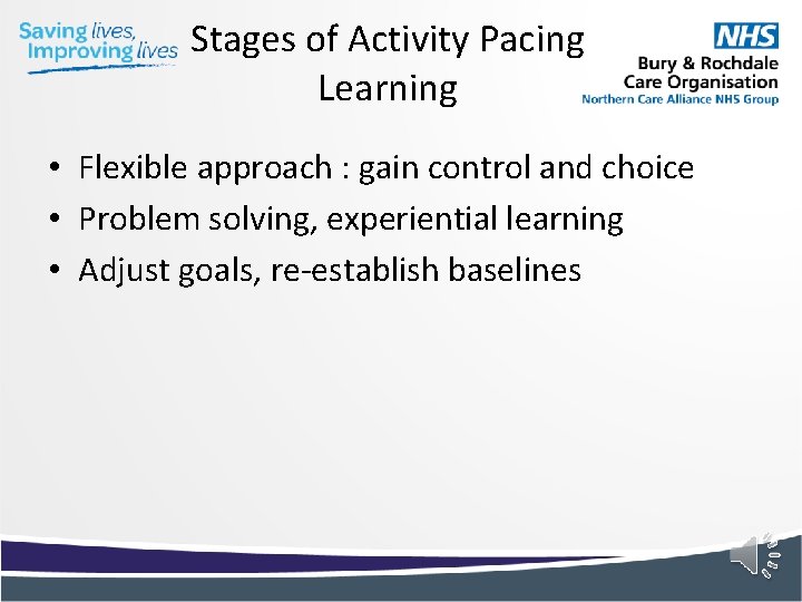 Stages of Activity Pacing Learning • Flexible approach : gain control and choice •