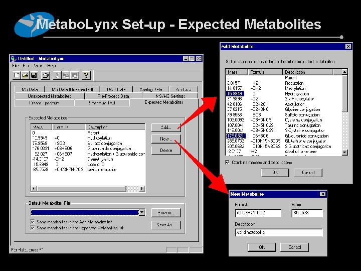 Metabo. Lynx Set-up - Expected Metabolites 