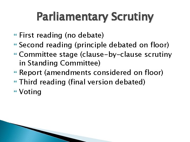 Parliamentary Scrutiny First reading (no debate) Second reading (principle debated on floor) Committee stage