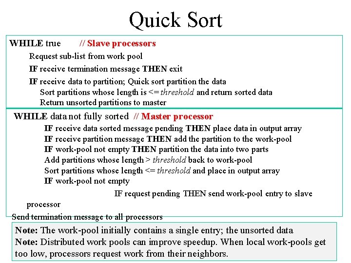 Quick Sort WHILE true // Slave processors Request sub-list from work pool IF receive