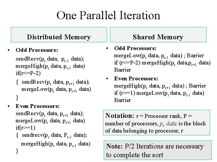 One Parallel Iteration Distributed Memory • Odd Processors: send. Recv(pr data, pr-1 data); merge.