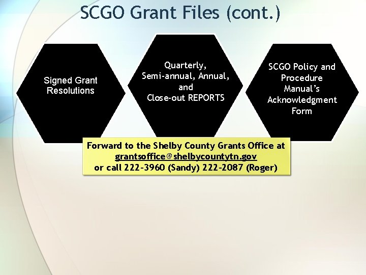 SCGO Grant Files (cont. ) Signed Grant Resolutions Quarterly, Semi-annual, Annual, and Close-out REPORTS
