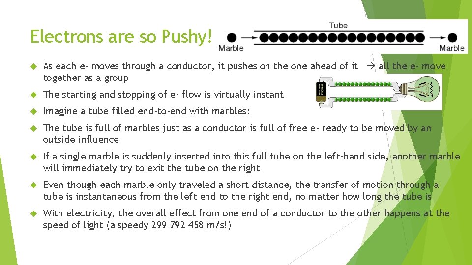 Electrons are so Pushy! As each e- moves through a conductor, it pushes on Electrons are so Pushy! As each e- moves through a conductor, it pushes on