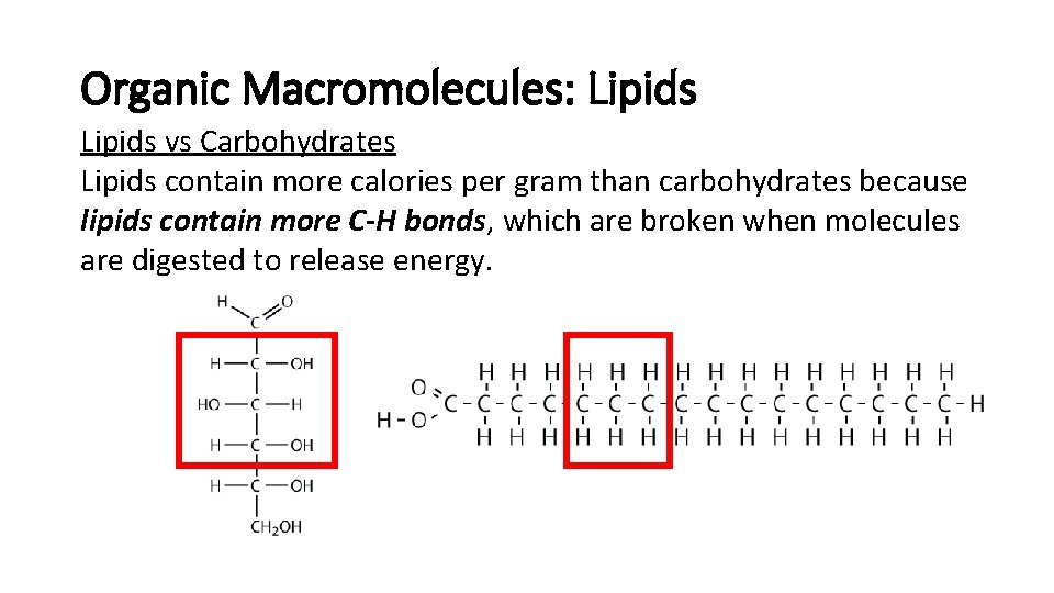 Organic Macromolecules: Lipids vs Carbohydrates Lipids contain more calories per gram than carbohydrates because