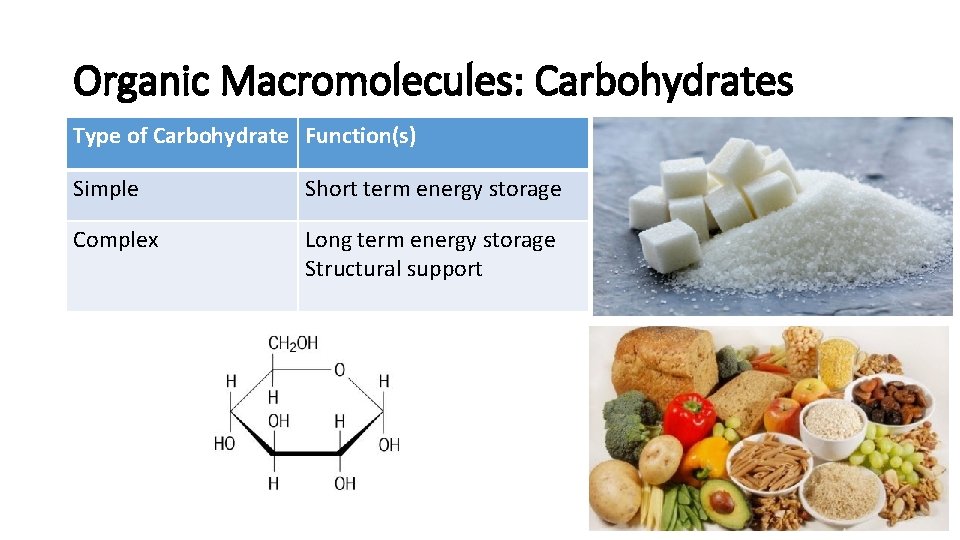 Organic Macromolecules: Carbohydrates Type of Carbohydrate Function(s) Simple Short term energy storage Complex Long