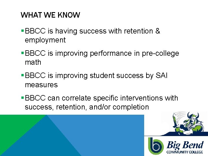 WHAT WE KNOW § BBCC is having success with retention & employment § BBCC