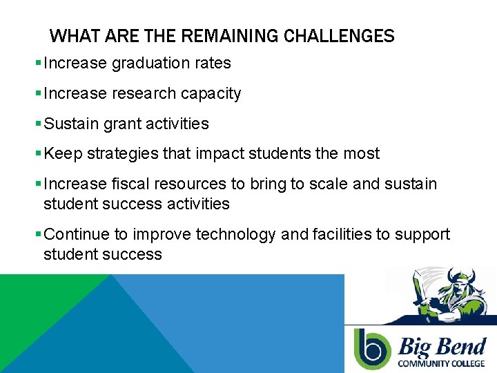 WHAT ARE THE REMAINING CHALLENGES § Increase graduation rates § Increase research capacity §