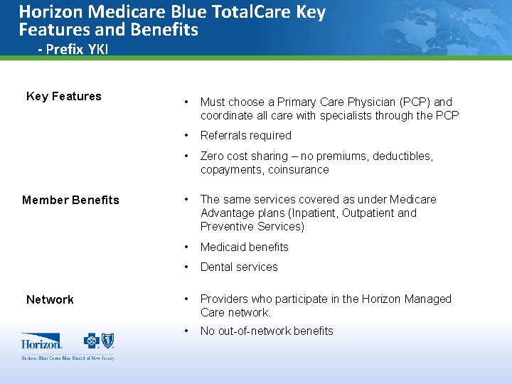 Horizon Medicare Blue Total. Care Key Features and Benefits - Prefix YKI Key Features
