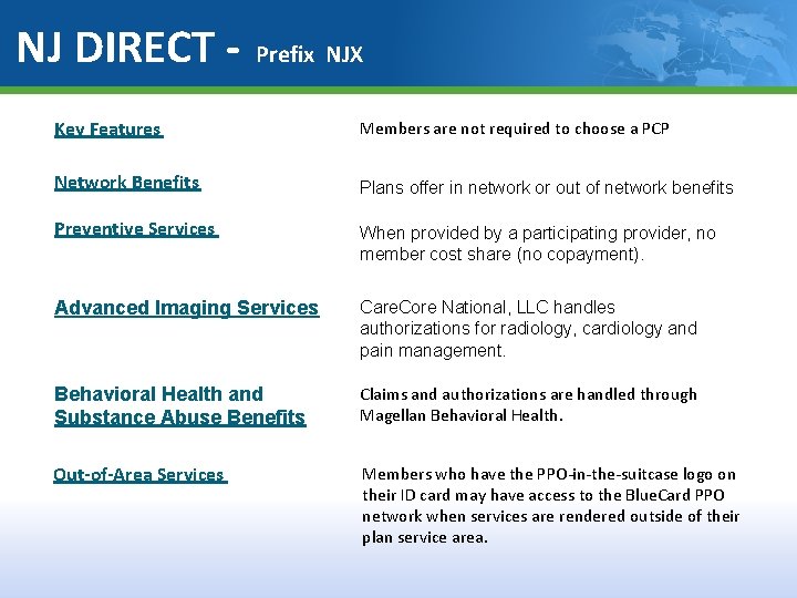 NJ DIRECT - Prefix NJX Key Features Members are not required to choose a