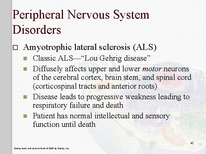 Peripheral Nervous System Disorders o Amyotrophic lateral sclerosis (ALS) n n Classic ALS—“Lou Gehrig