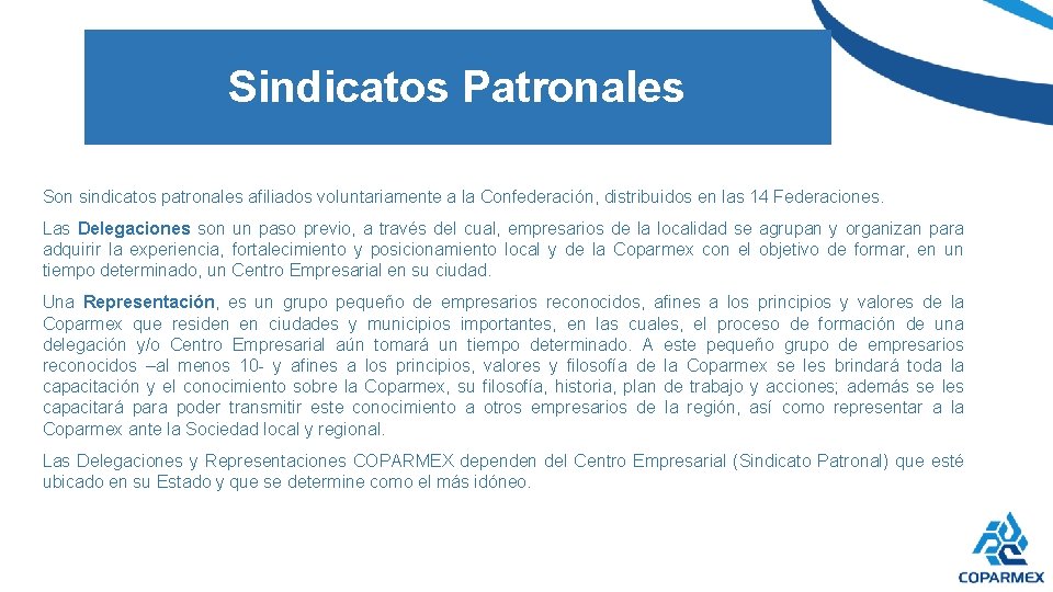 Sindicatos Patronales Son sindicatos patronales afiliados voluntariamente a la Confederación, distribuidos en las 14