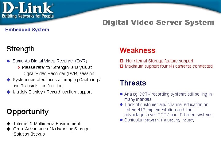 Embedded System Digital Video Server System Strength Weakness u Same As Digital Video Recorder