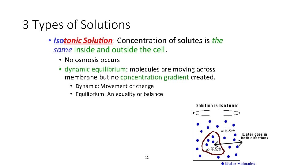 3 Types of Solutions • Isotonic Solution: Concentration of solutes is the same inside