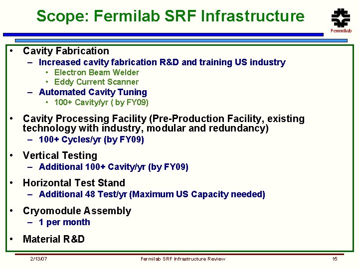 Scope: Fermilab SRF Infrastructure • Cavity Fabrication – Increased cavity fabrication R&D and training