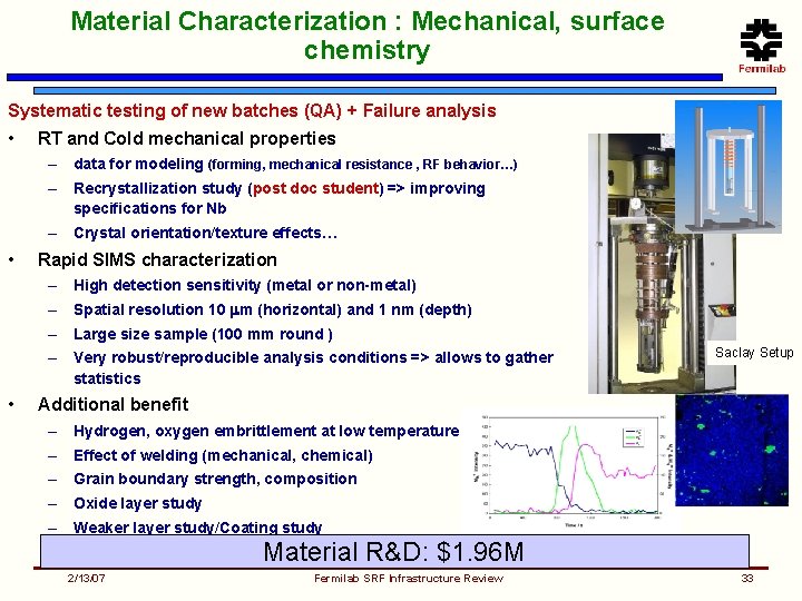 Material Characterization : Mechanical, surface chemistry Systematic testing of new batches (QA) + Failure