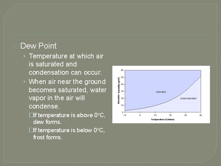 � Dew Point • Temperature at which air is saturated and condensation can occur.